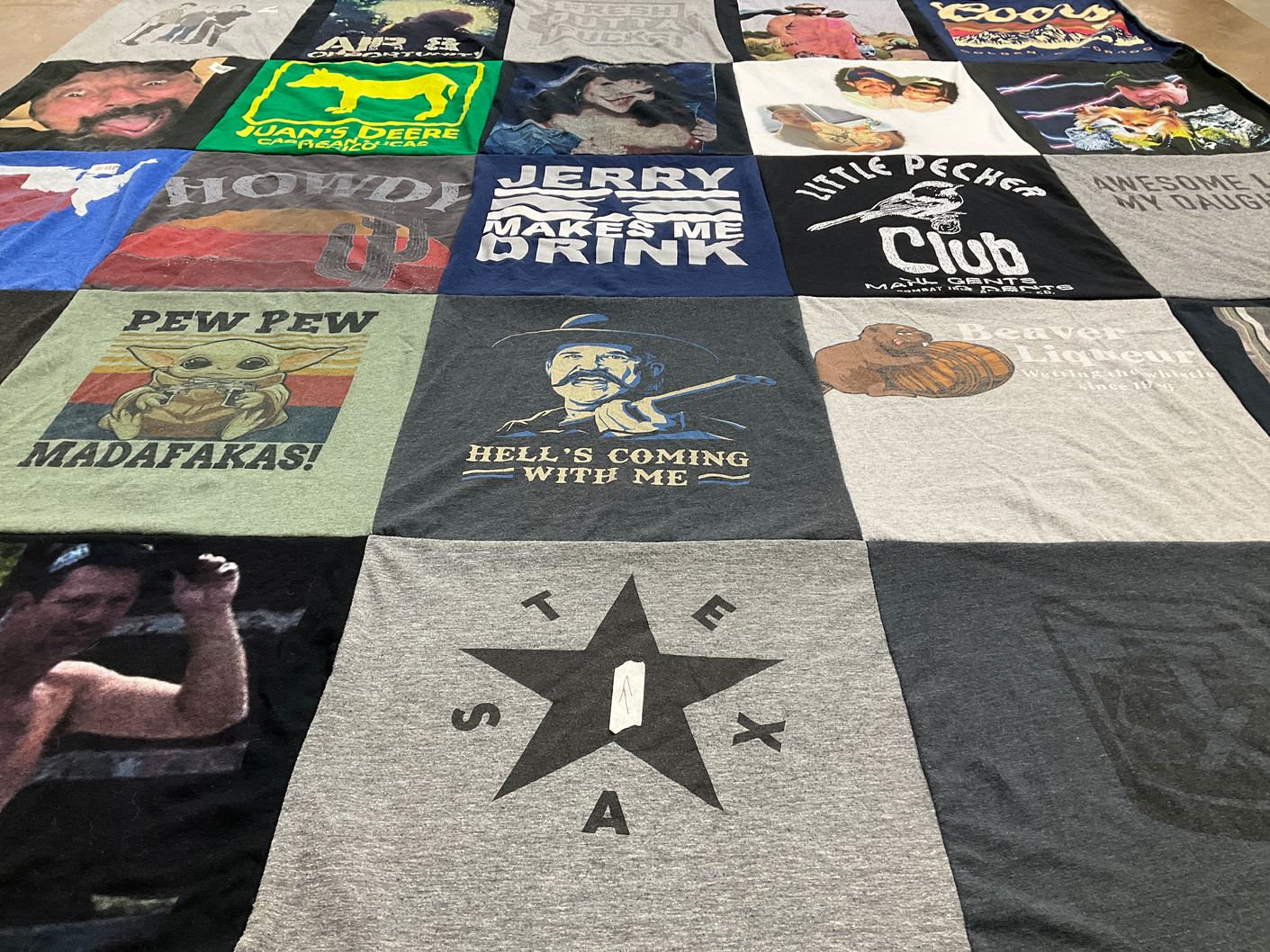 T-shirt quilt with funny shirts, humor themes by Ryan from TX