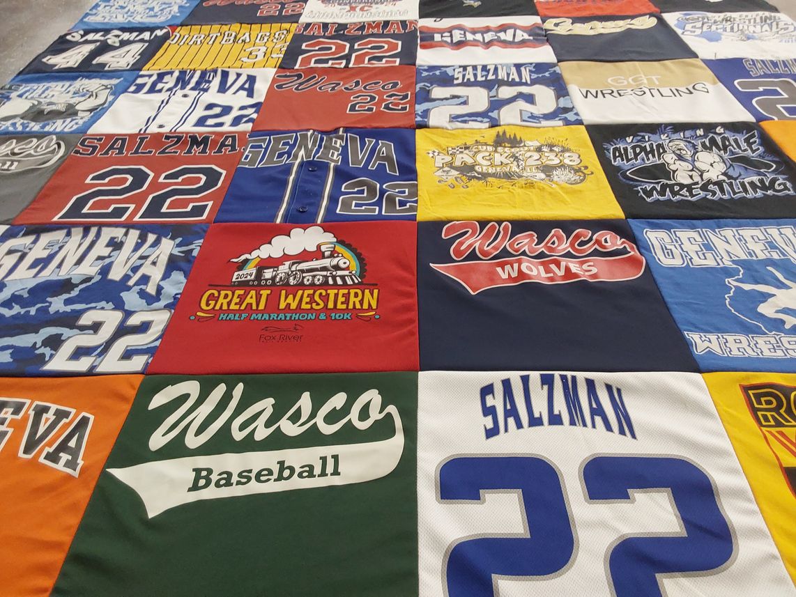 T-shirt quilt featuring wasco wolves, geneva wrestling by Stacie from IL