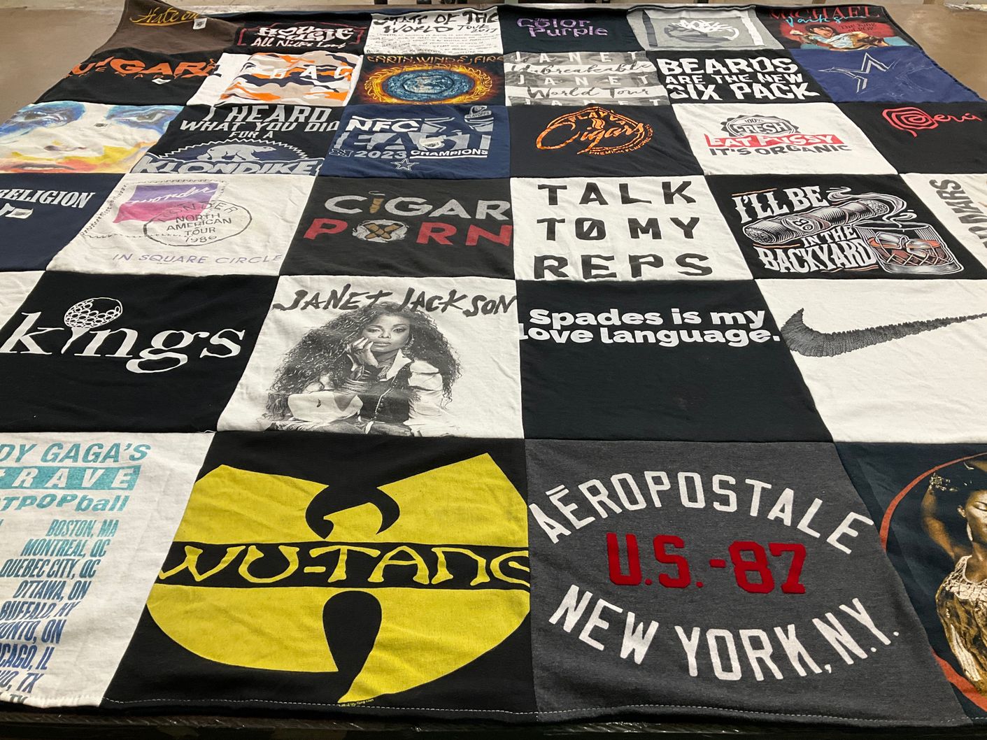 T-shirt quilt with music, pop culture themes by Monica from GA