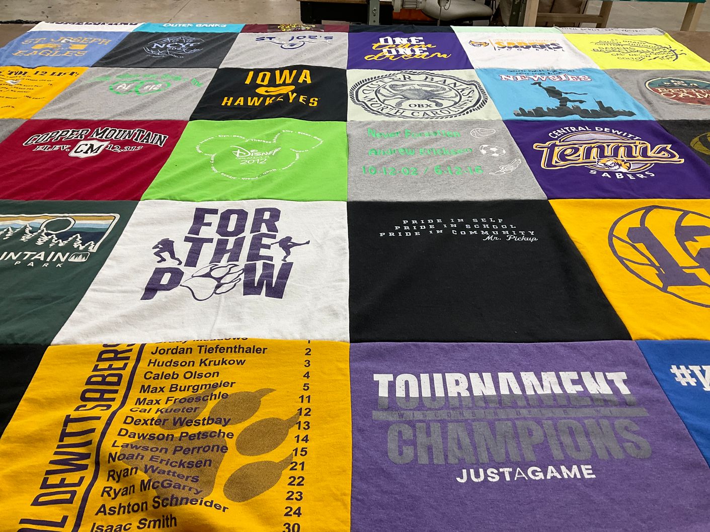 T-shirt quilt featuring iowa hawkeyes, central dewiitt sabers by Alyssa from IA