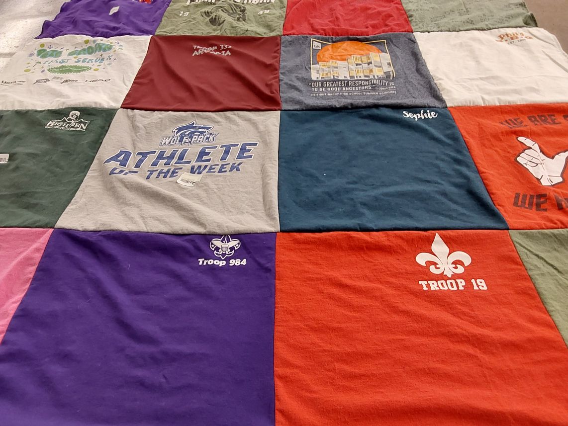 T-shirt quilt with scouting, sports themes by Sophie from CA
