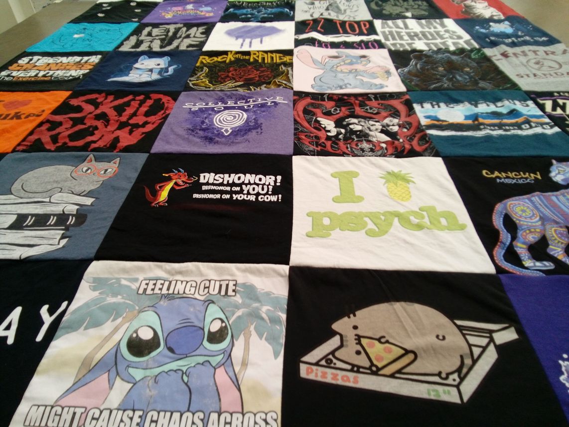 T-shirt quilt with cartoons, music themes by Megan from MD