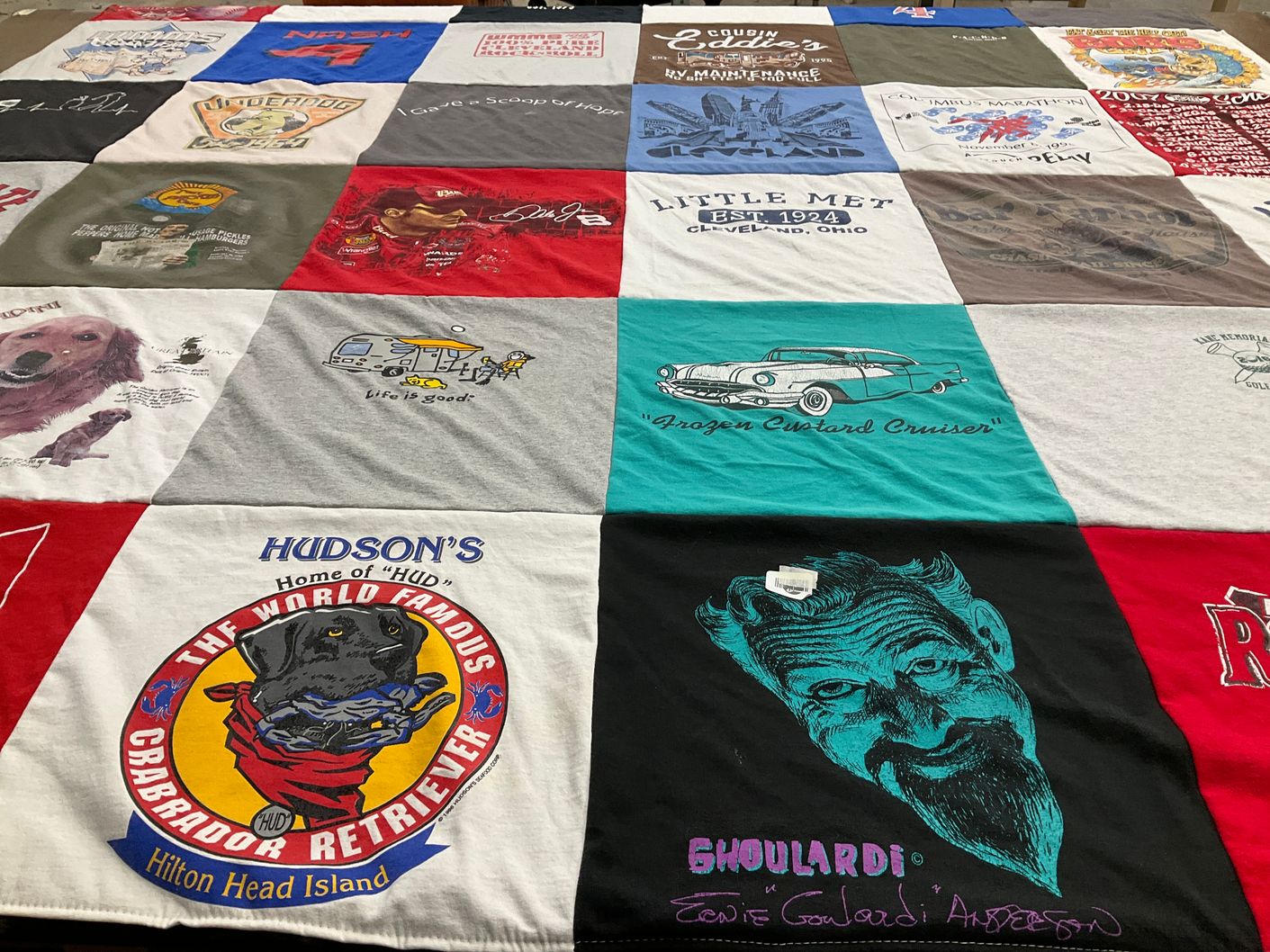 T-shirt quilt with dogs, cooking themes by patricia from OH