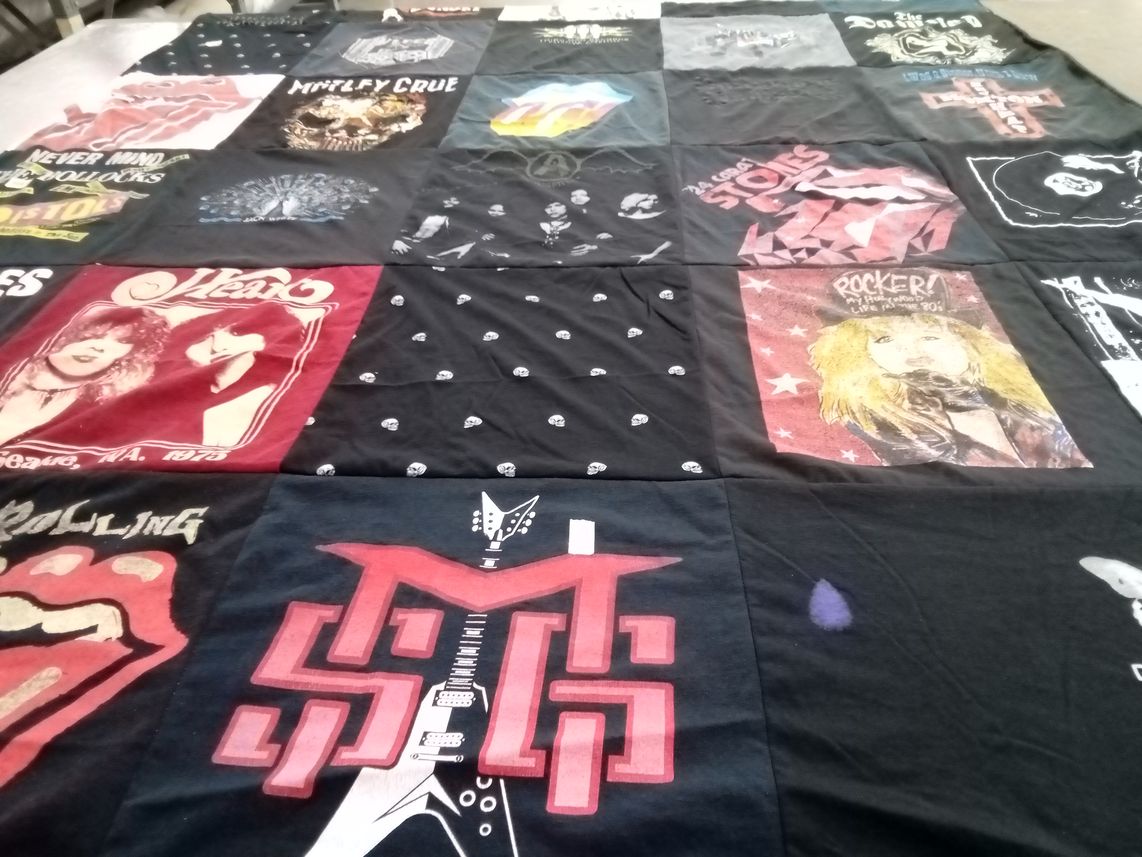 T-shirt quilt with rock music, heavy metal themes by Tina from CA