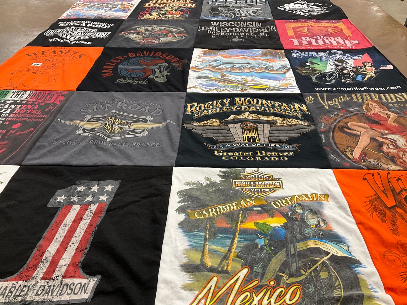 T-shirt quilt with motorcycles, travel themes by vikki from NV