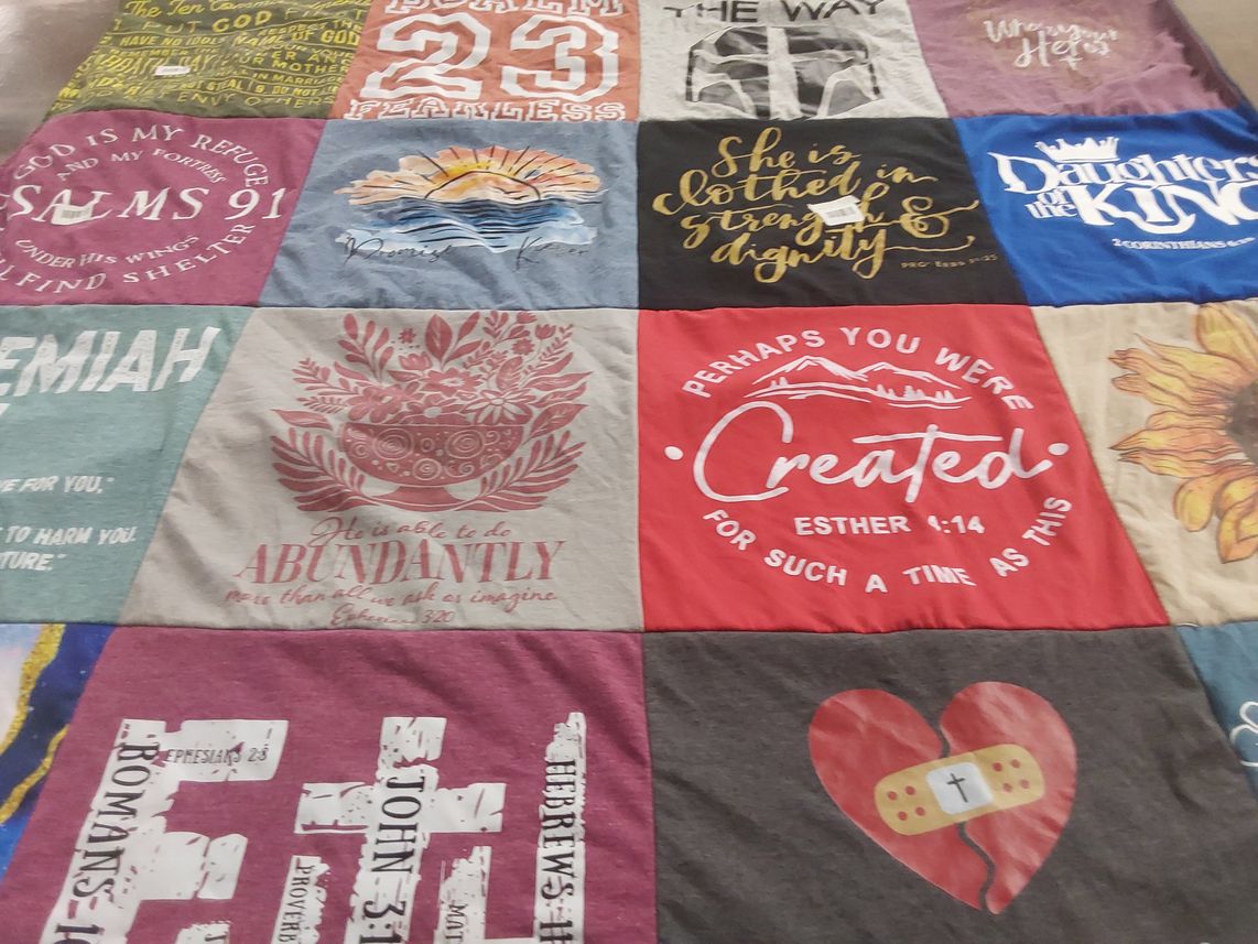 T-shirt quilt with faith, inspiration themes by Rowena from AZ