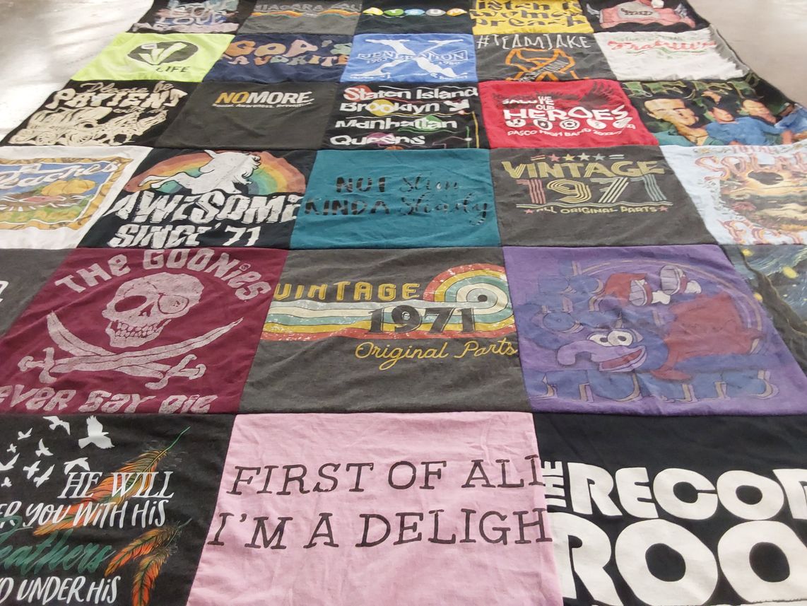 T-shirt quilt with vintage, music themes by Kandi from FL