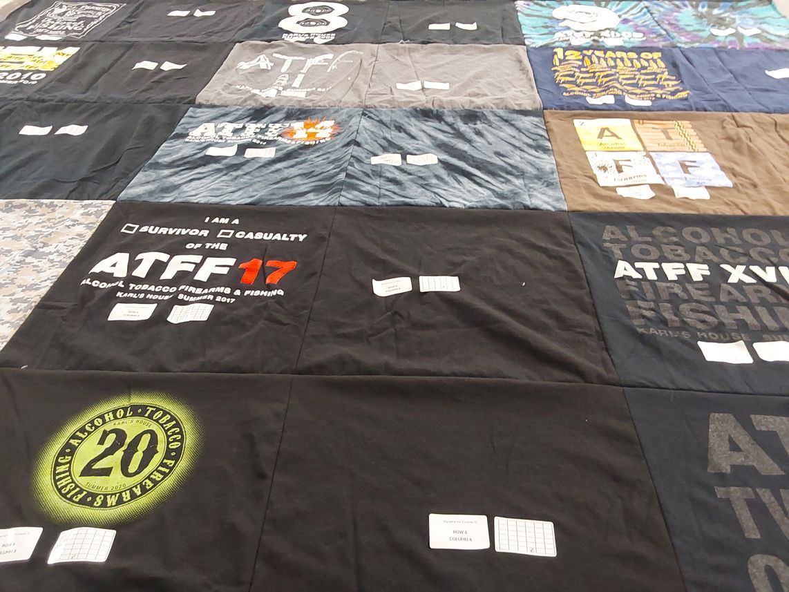 T-shirt quilt with outdoor activities, hunting themes by Garrett from MN