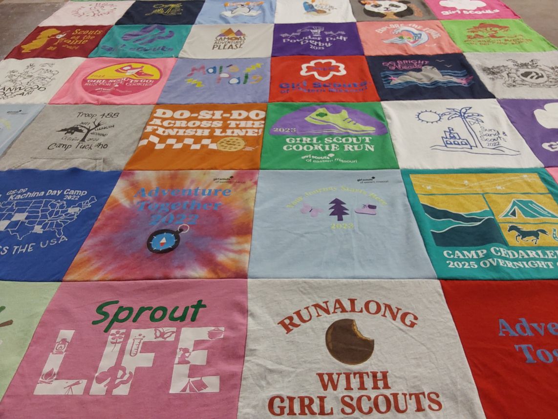 T-shirt quilt with girl scouts, camping themes by Sheri from MO
