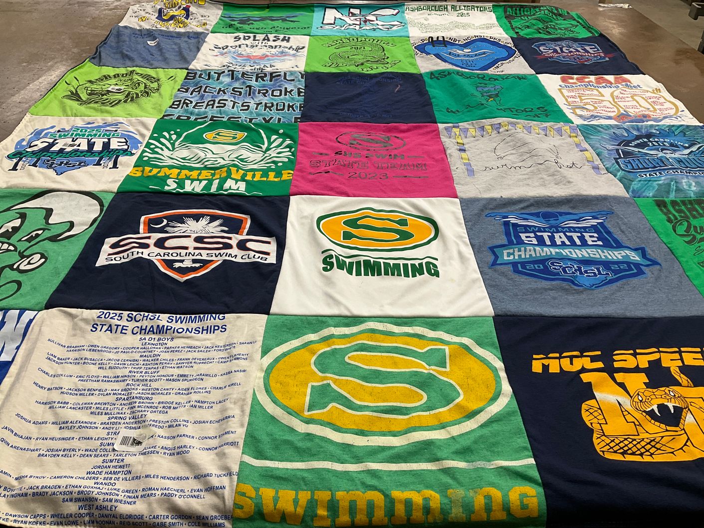 T-shirt quilt with swimming, sports themes by Tina from SC