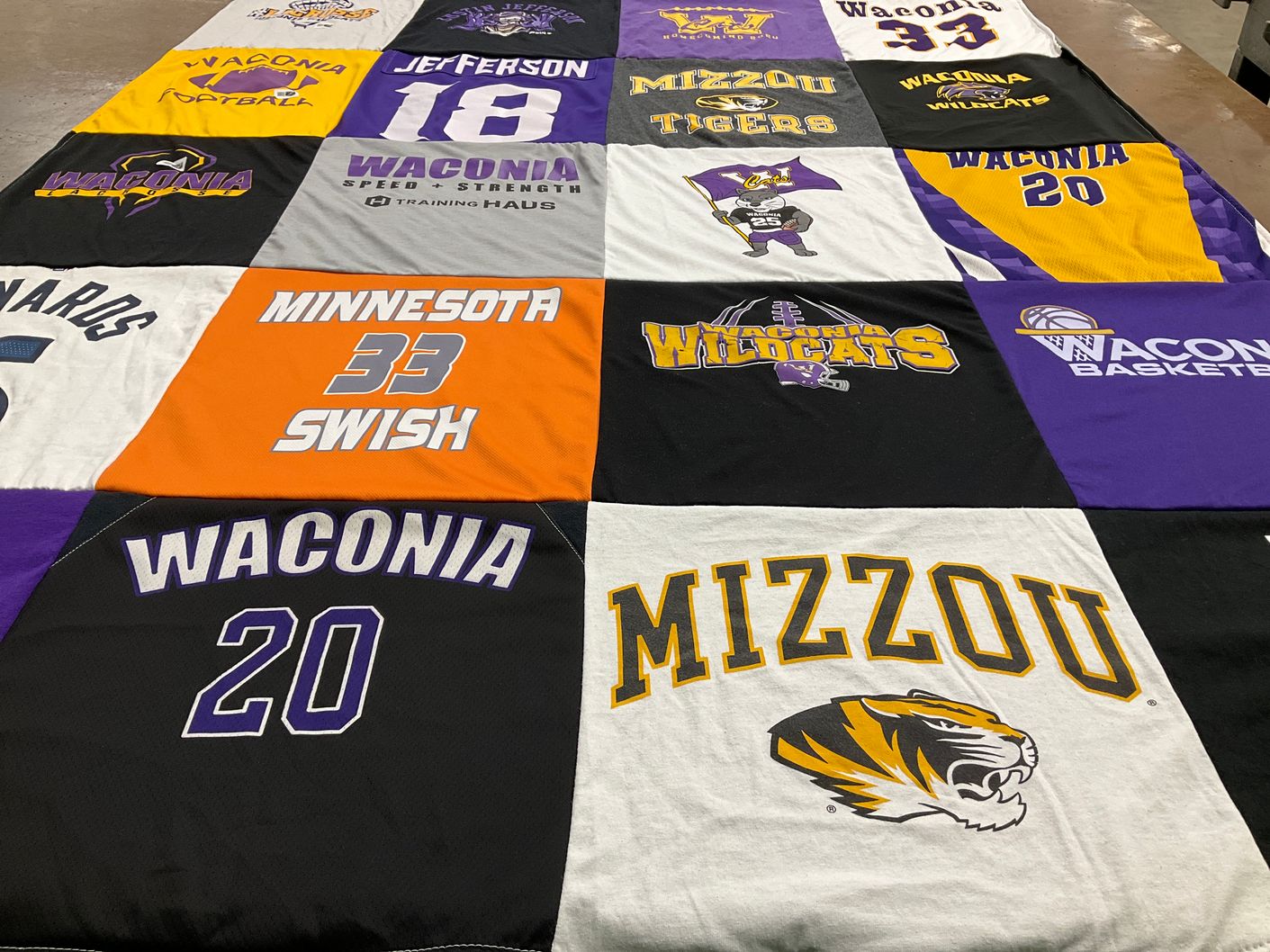 T-shirt quilt featuring waconia wildcats, mizzou tigers by Amy from MN
