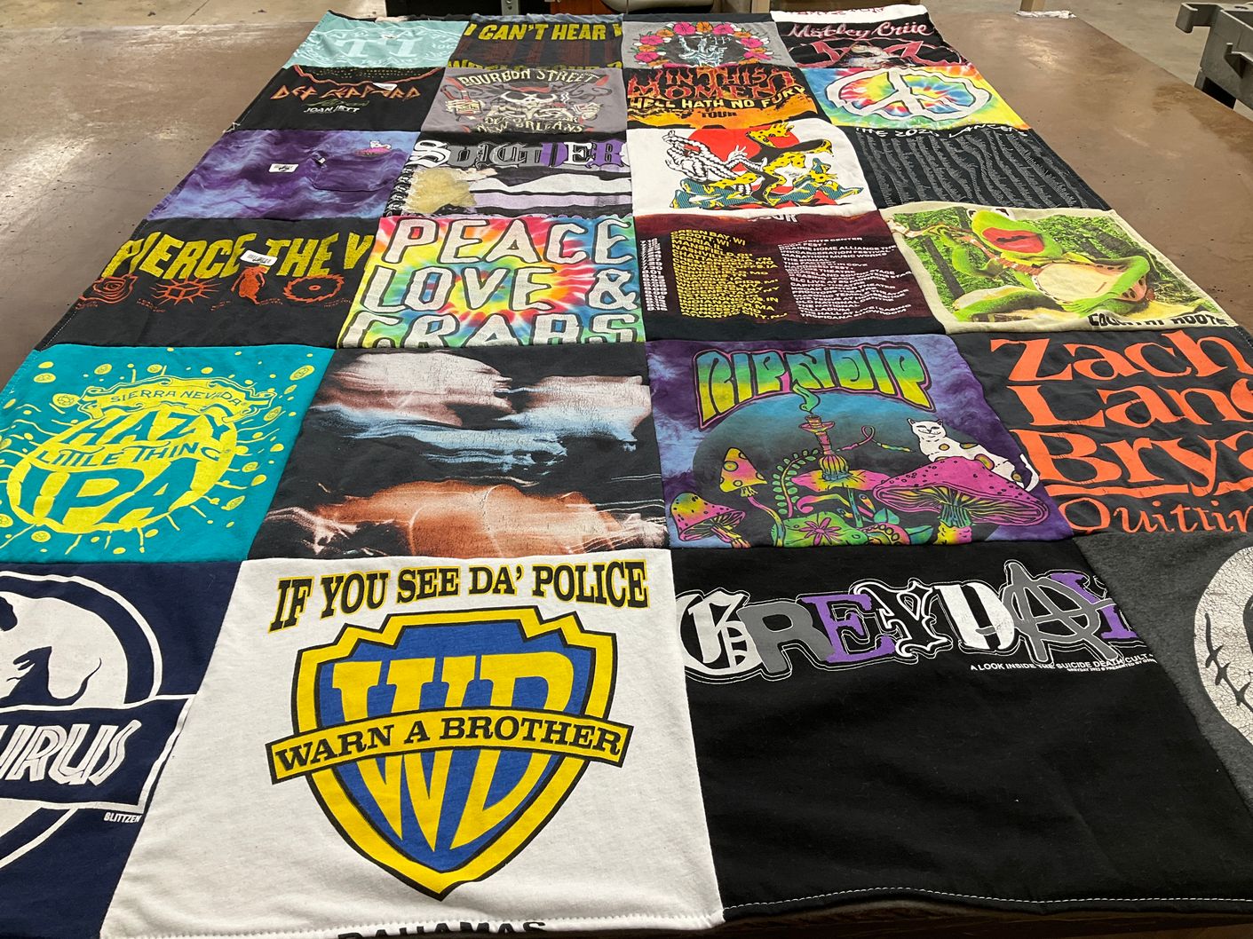 T-shirt quilt with music, brewery themes by Elaine from FL