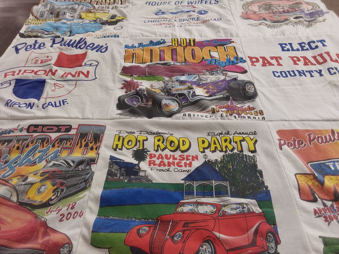 T-shirt quilt with hot rods, cars themes by Pete from AZ