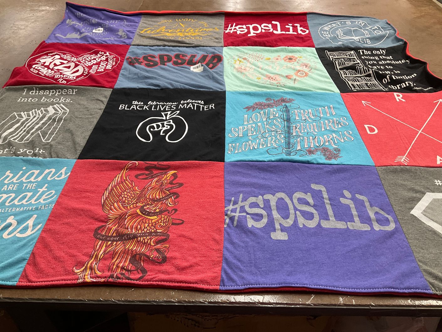 T-shirt quilt with literature, activism themes by Melody from MO