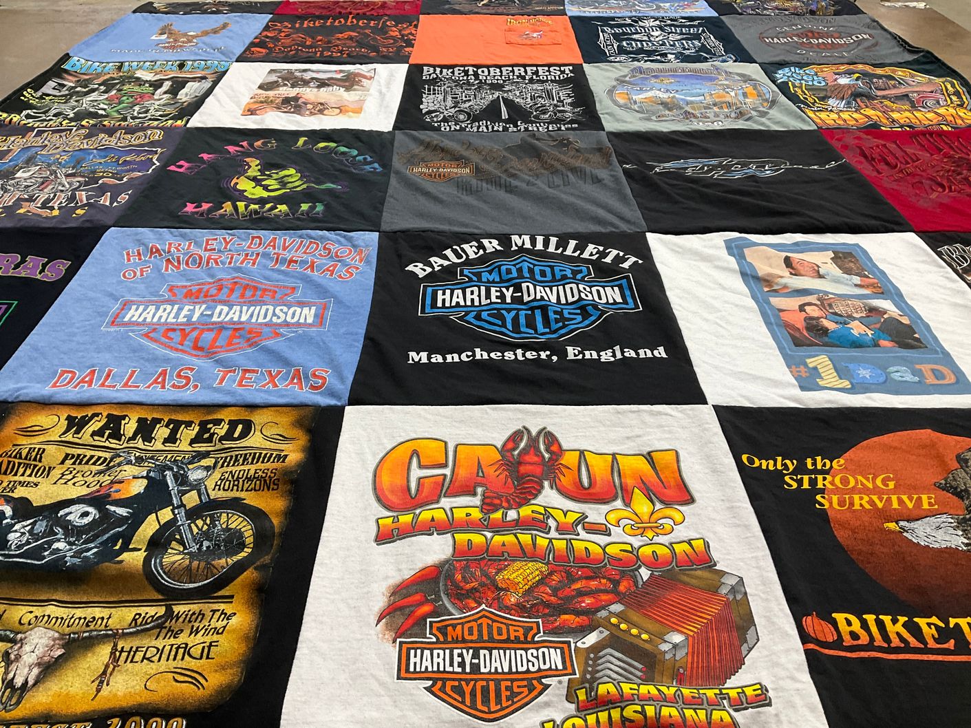 T-shirt quilt with motorcycles, biking themes by Andrea from LA