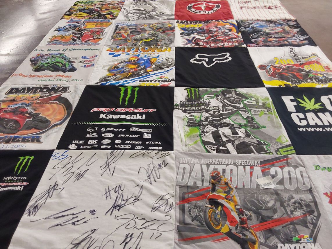 T-shirt quilt with motorcycle racing, motocross themes by Sheila from FL