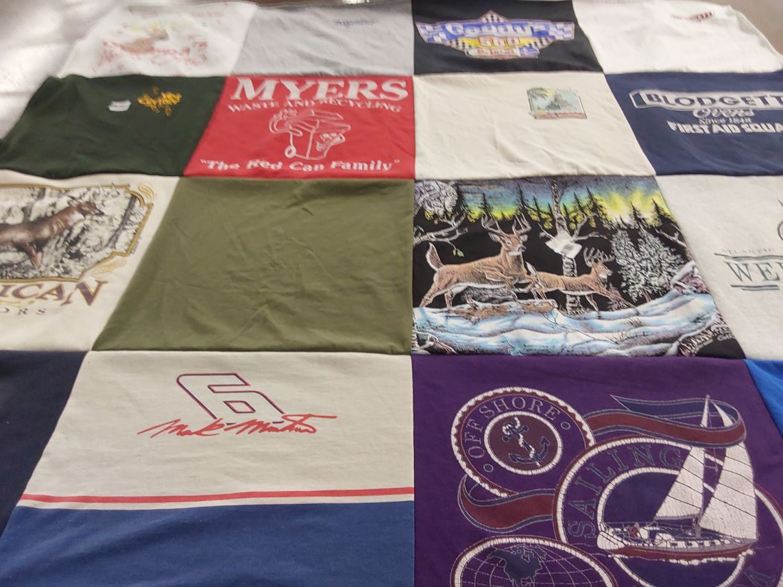T-shirt quilt with outdoors, recycling themes by Stephanie from VT