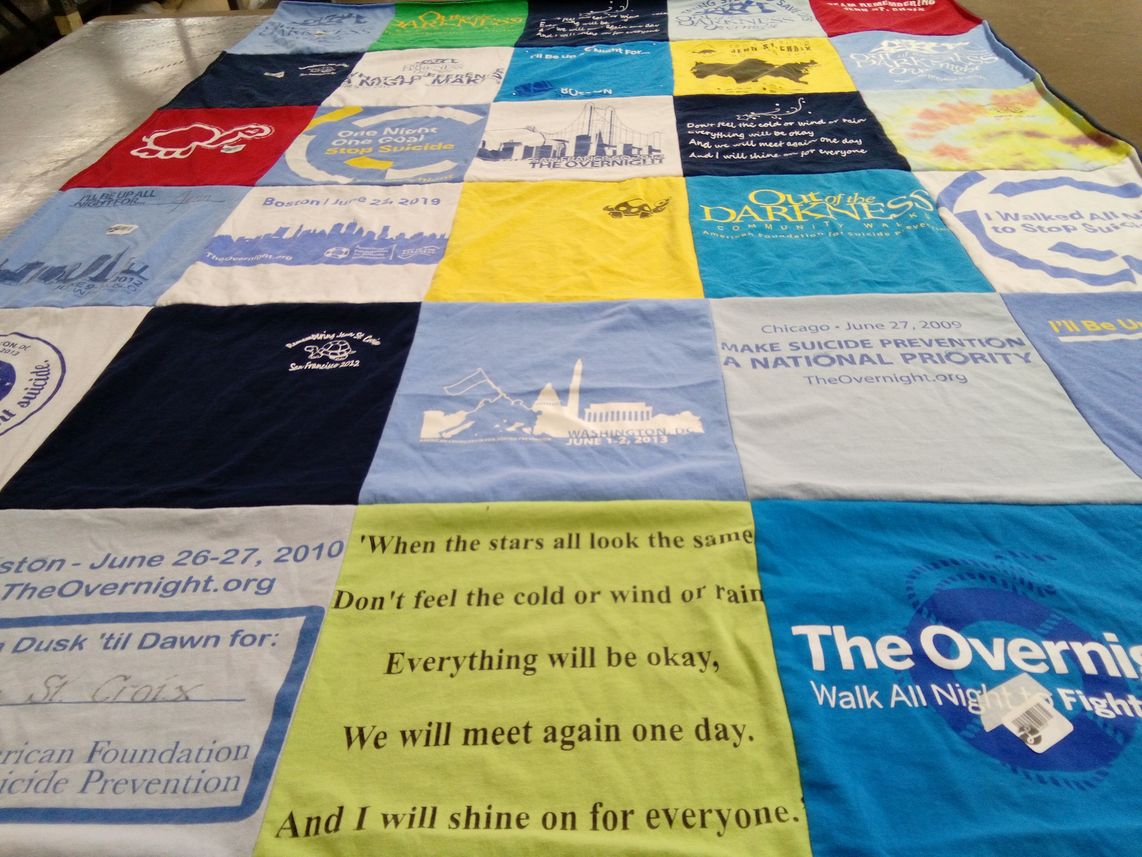 T-shirt quilt with suicide prevention, community awareness themes by Janine from MA