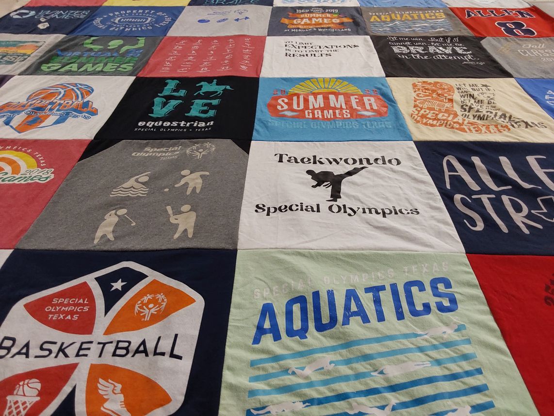 T-shirt quilt with sports, special olympics themes by Maurnee from TX