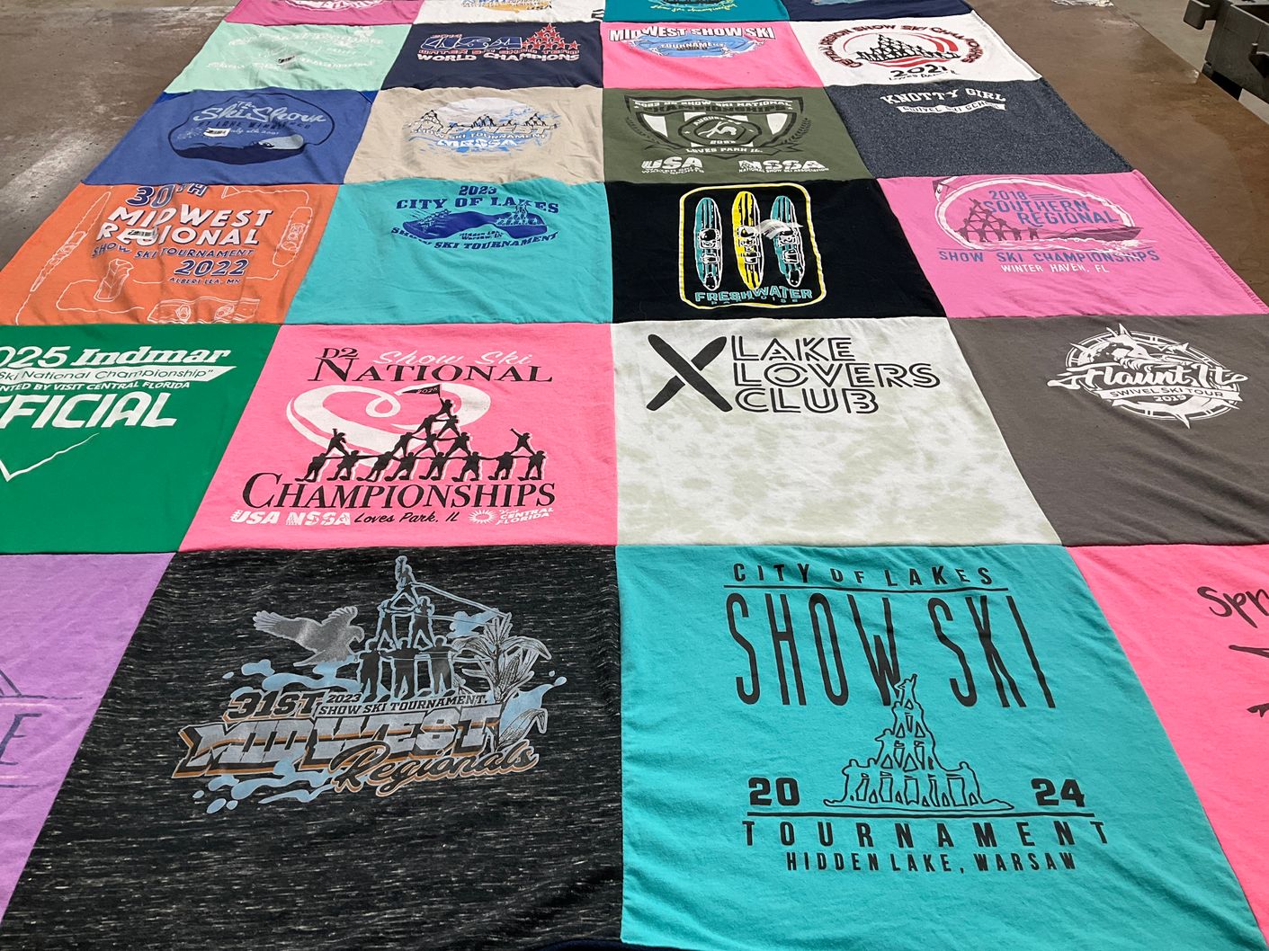 T-shirt quilt with water sports, skiing themes by Kendra from MO