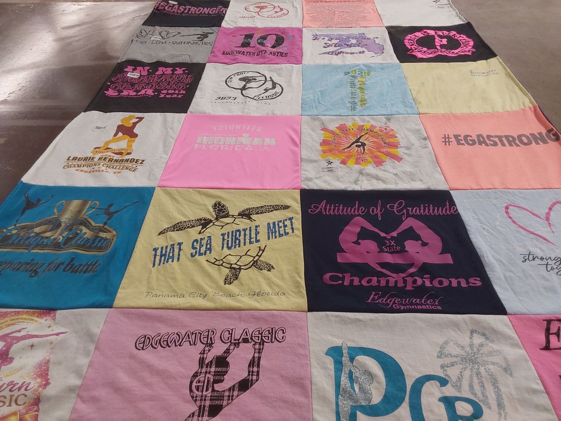 T-shirt quilt with gymnastics, sea turtles themes by Heather from FL