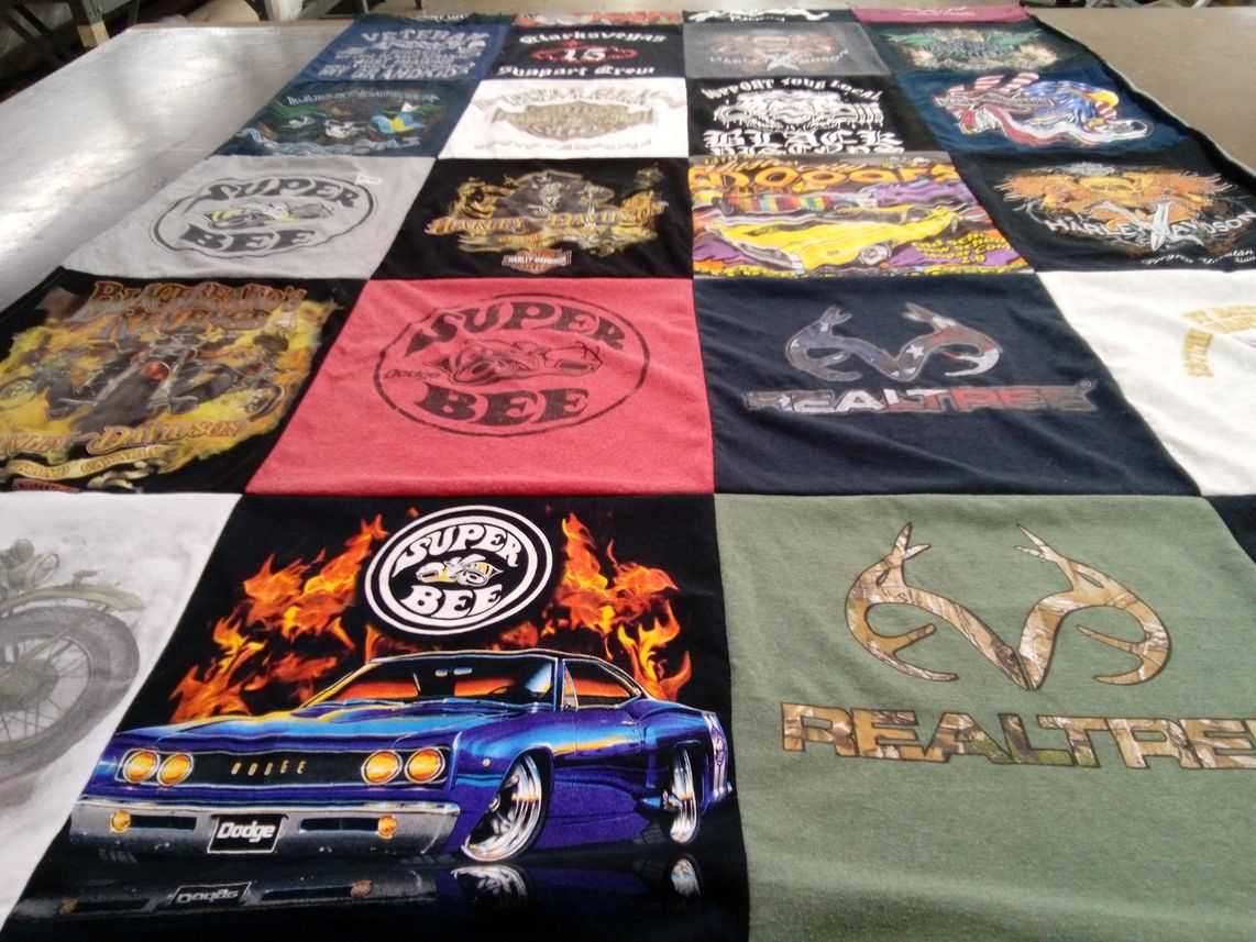 T-shirt quilt with motorcycles, cars themes by Rebecca from TN