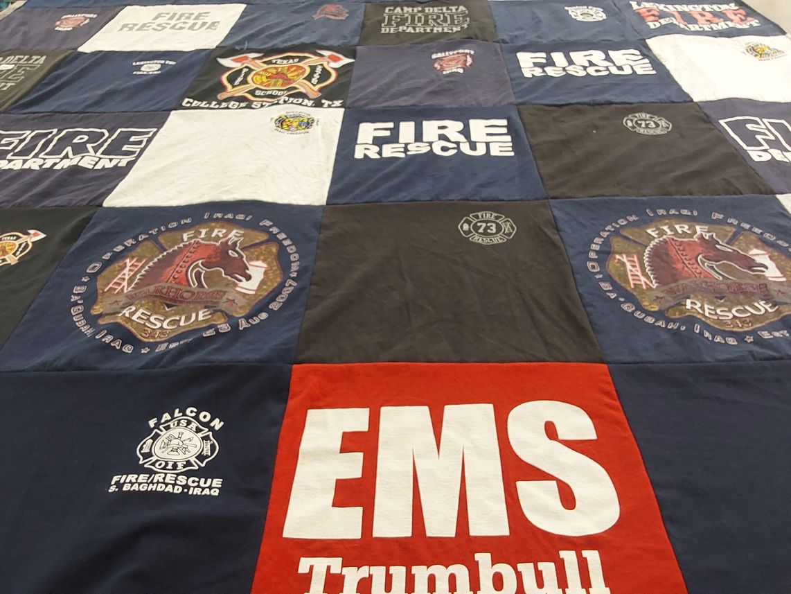 T-shirt quilt with firefighting, emergency services themes by Gary from OH