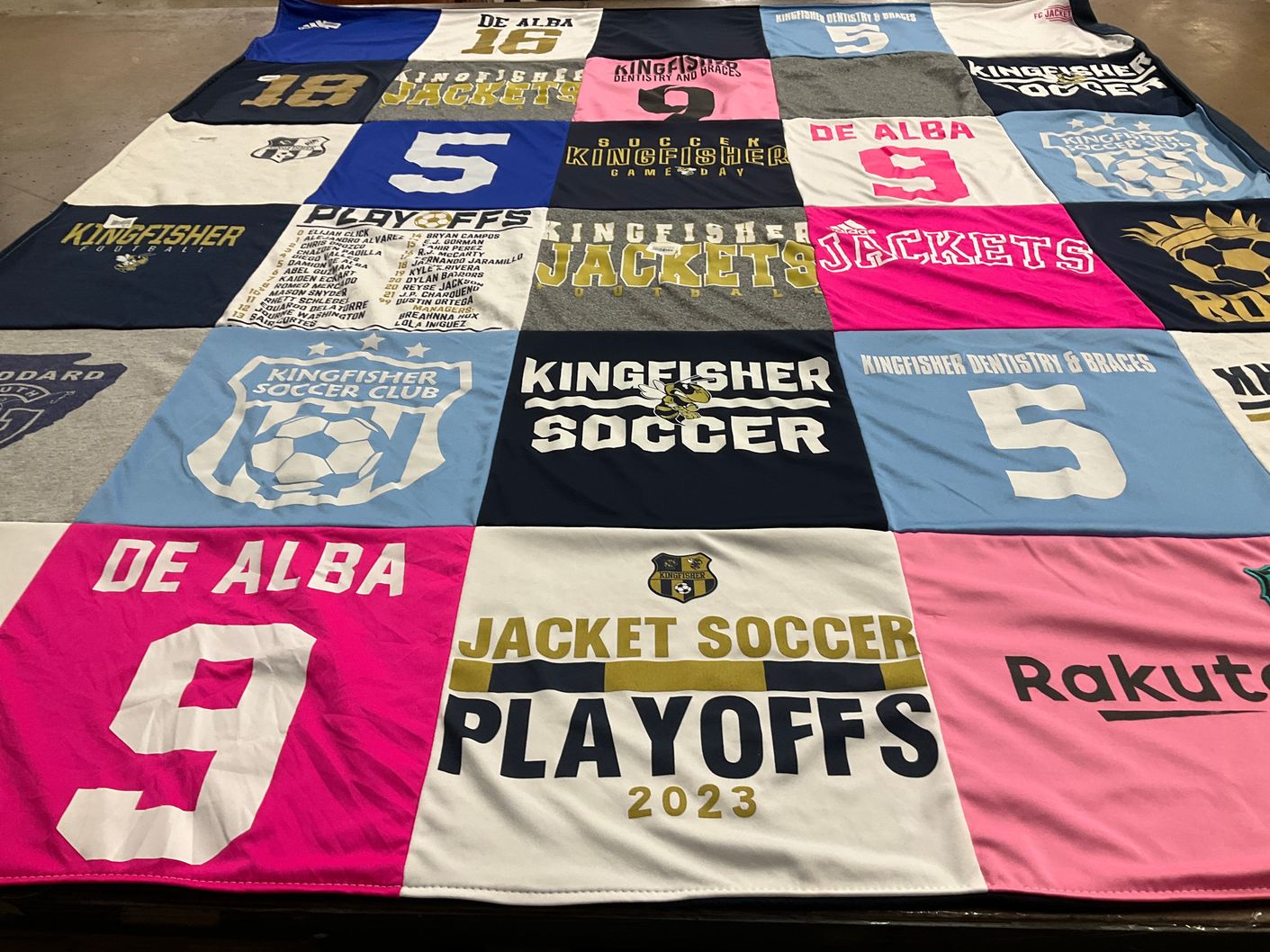 T-shirt quilt featuring kingfisher jackets by Jeremy from OK