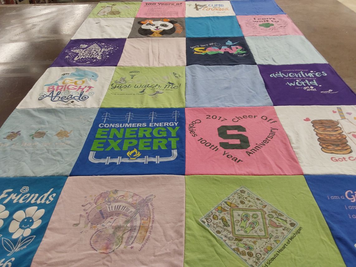 T-shirt quilt with scouting, energy management themes by Dawn from MI