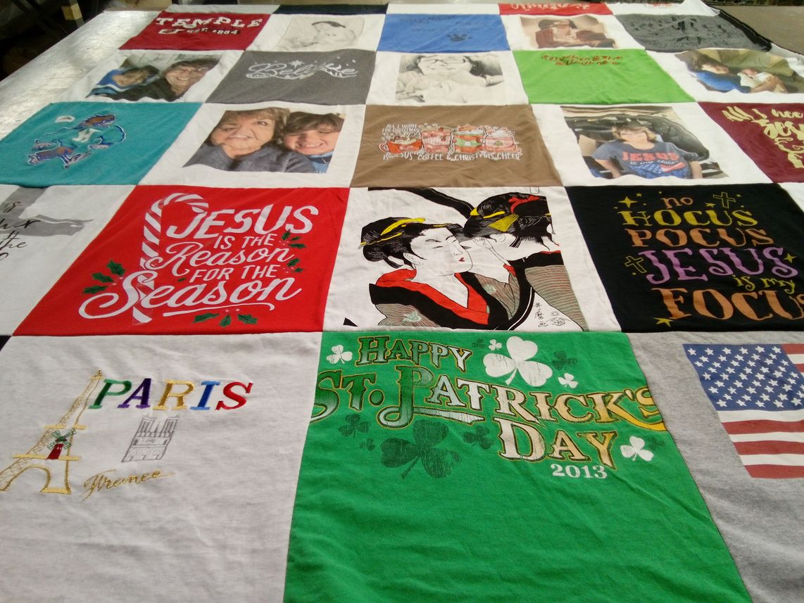 T-shirt quilt with religion, holidays themes by Kristine from CA