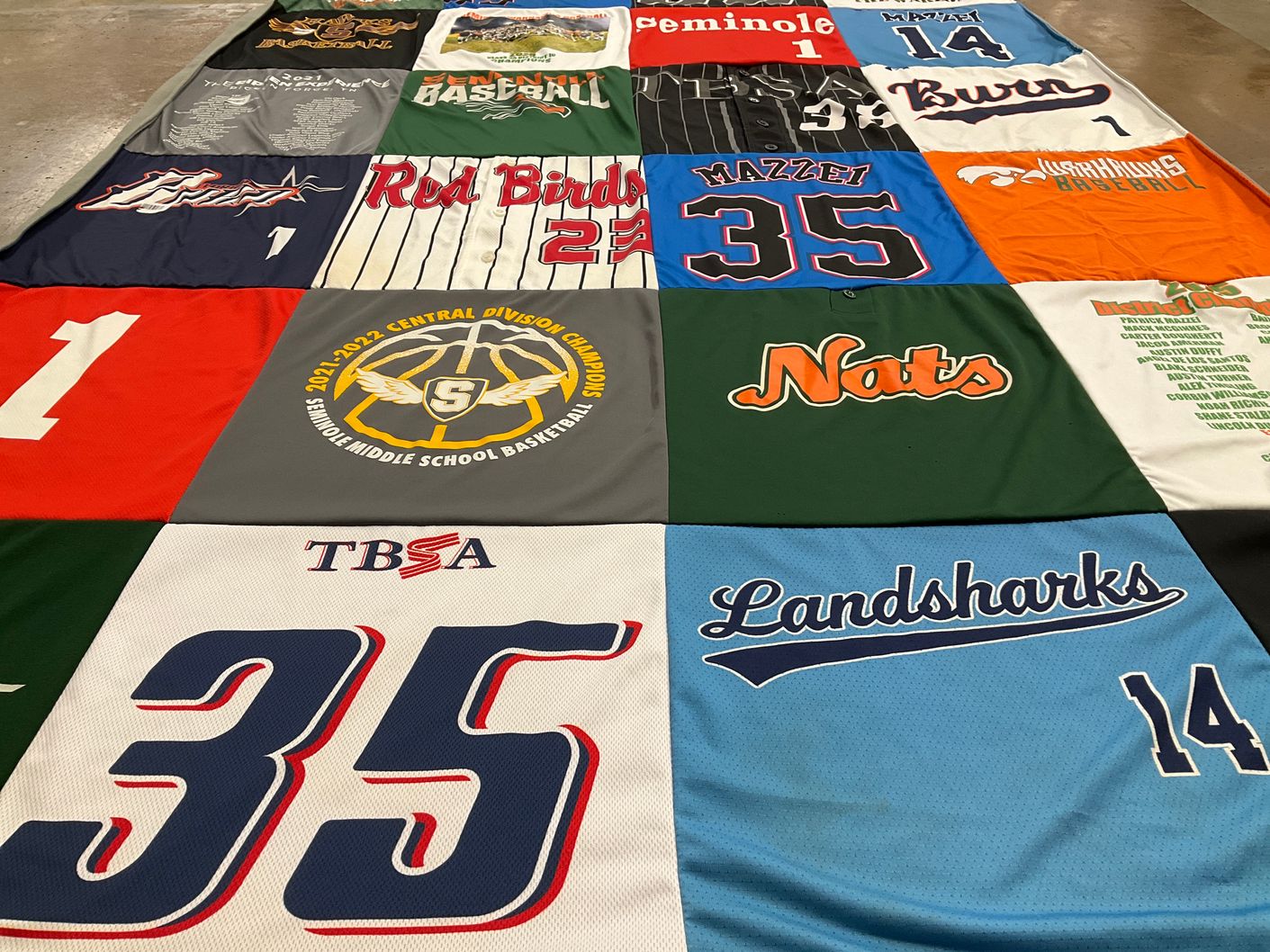 T-shirt quilt featuring mazzei baseball, landsharks by Alison from FL