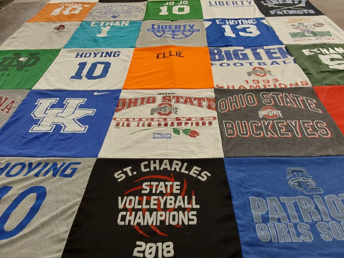 T-shirt quilt featuring ohio state buckeyes, st. charles volleyball by Amy from OH