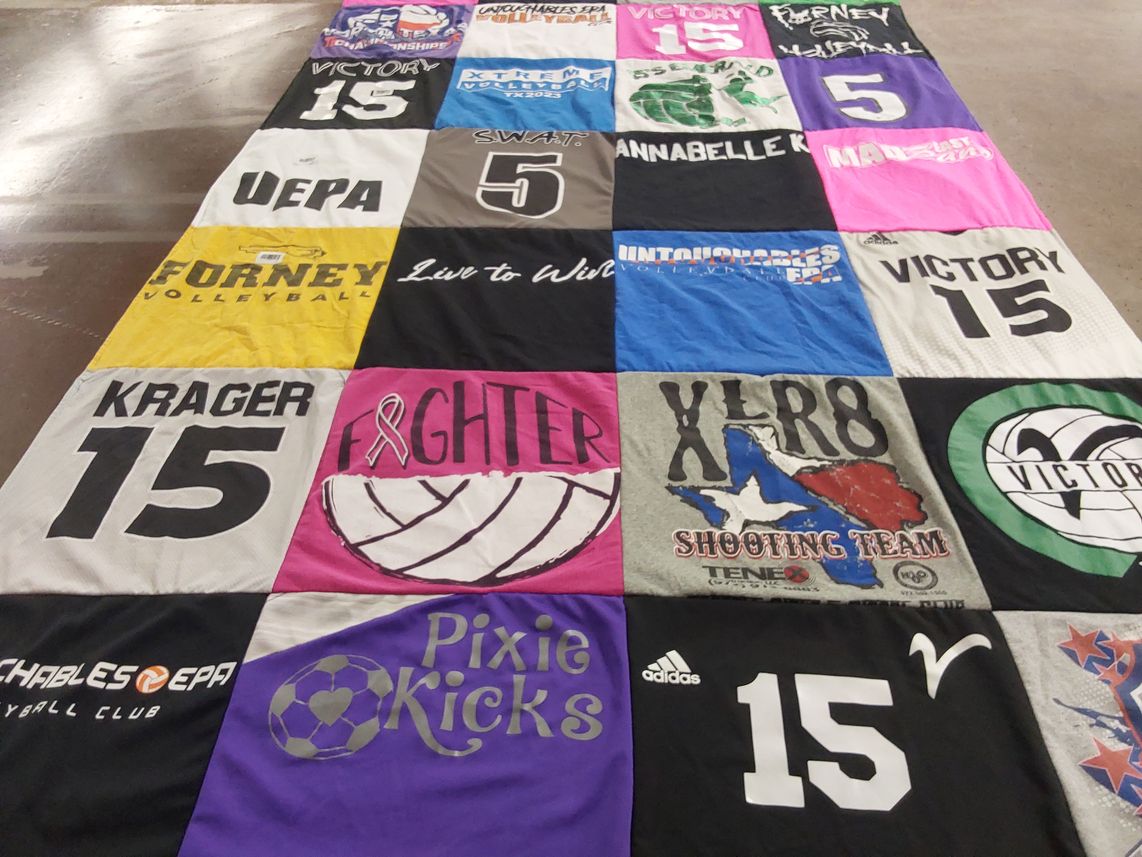 T-shirt quilt with volleyball, shooting themes by Kristen from TX