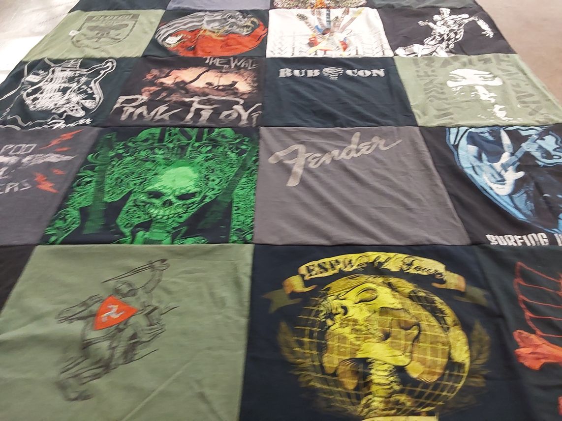 T-shirt quilt with music, rock music themes by MIEKO from FL
