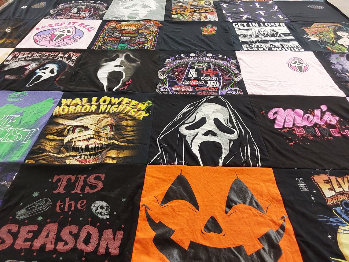 T-shirt quilt with horror films, halloween themes by Charlie from FL