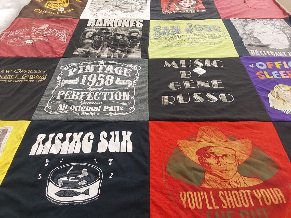T-shirt quilt with music, vintage themes by Cathleen from AZ
