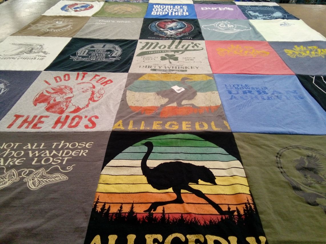 T-shirt quilt with whiskey themes by Chrissy from IN