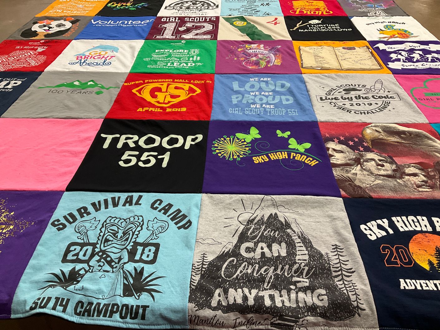 T-shirt quilt with camping, girl scouting themes by Anita from CO