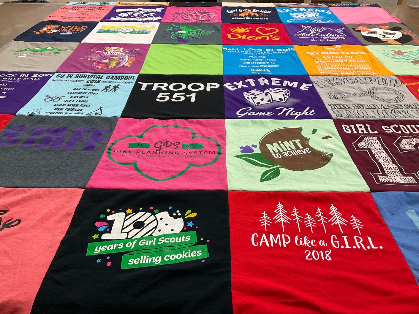 T-shirt quilt with girl scouts, camping themes by Anita from CO