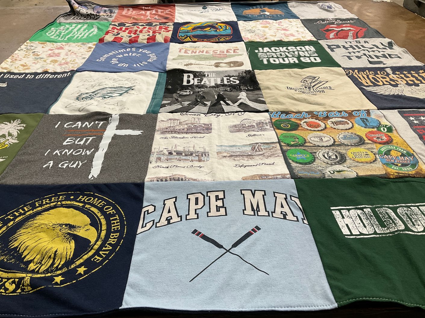 T-shirt quilt with music, travel themes by Louanne from TN