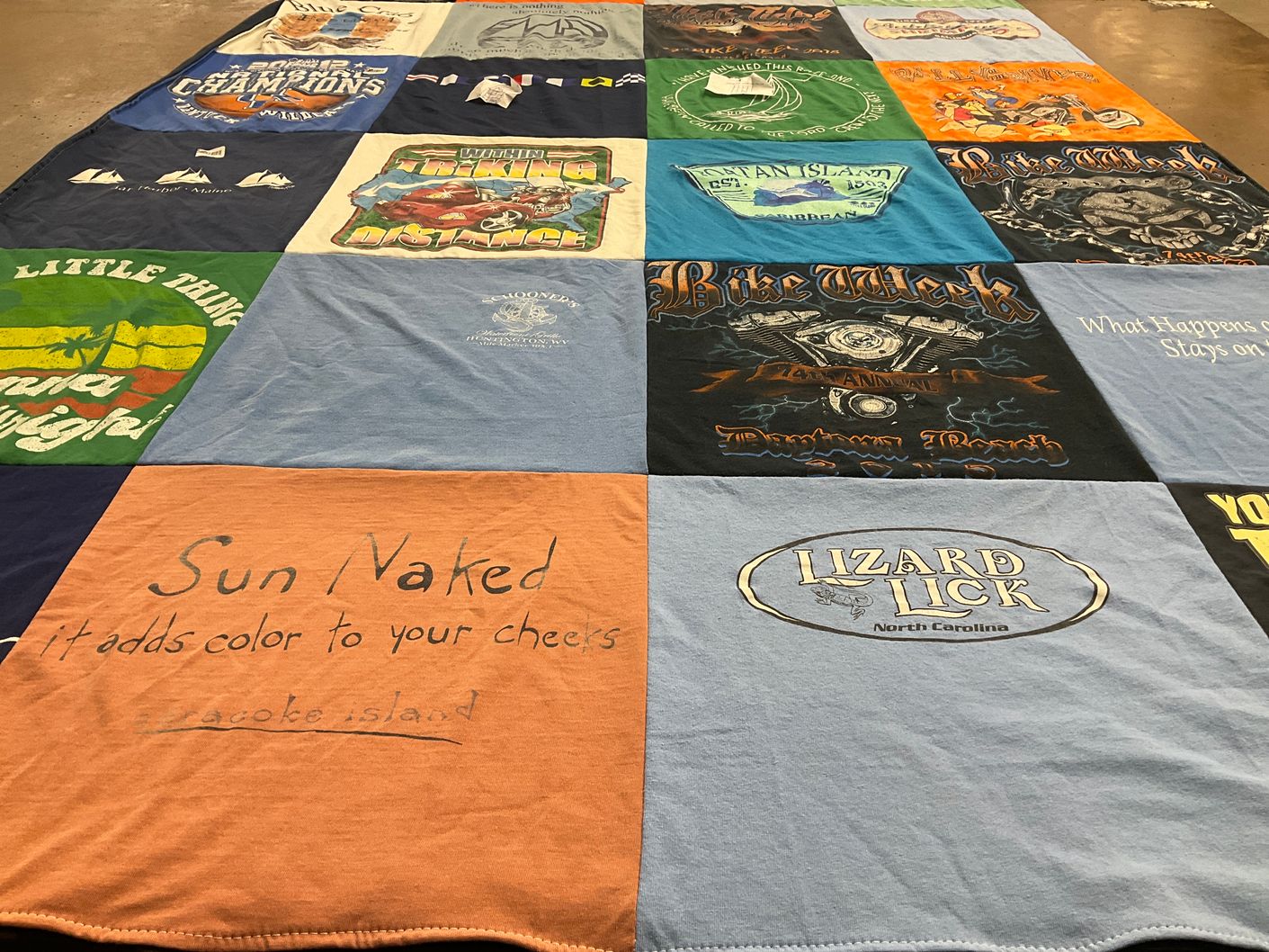 T-shirt quilt with beach, biking themes by Tina from TN