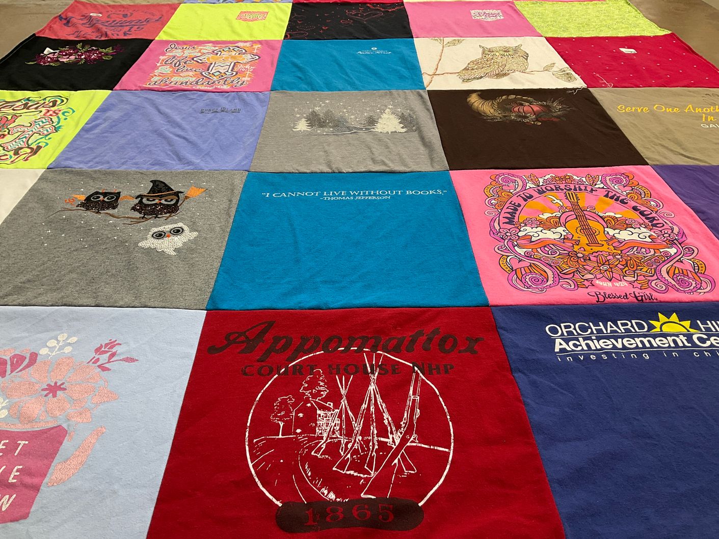 T-shirt quilt with reading, education themes by Eugene from VA