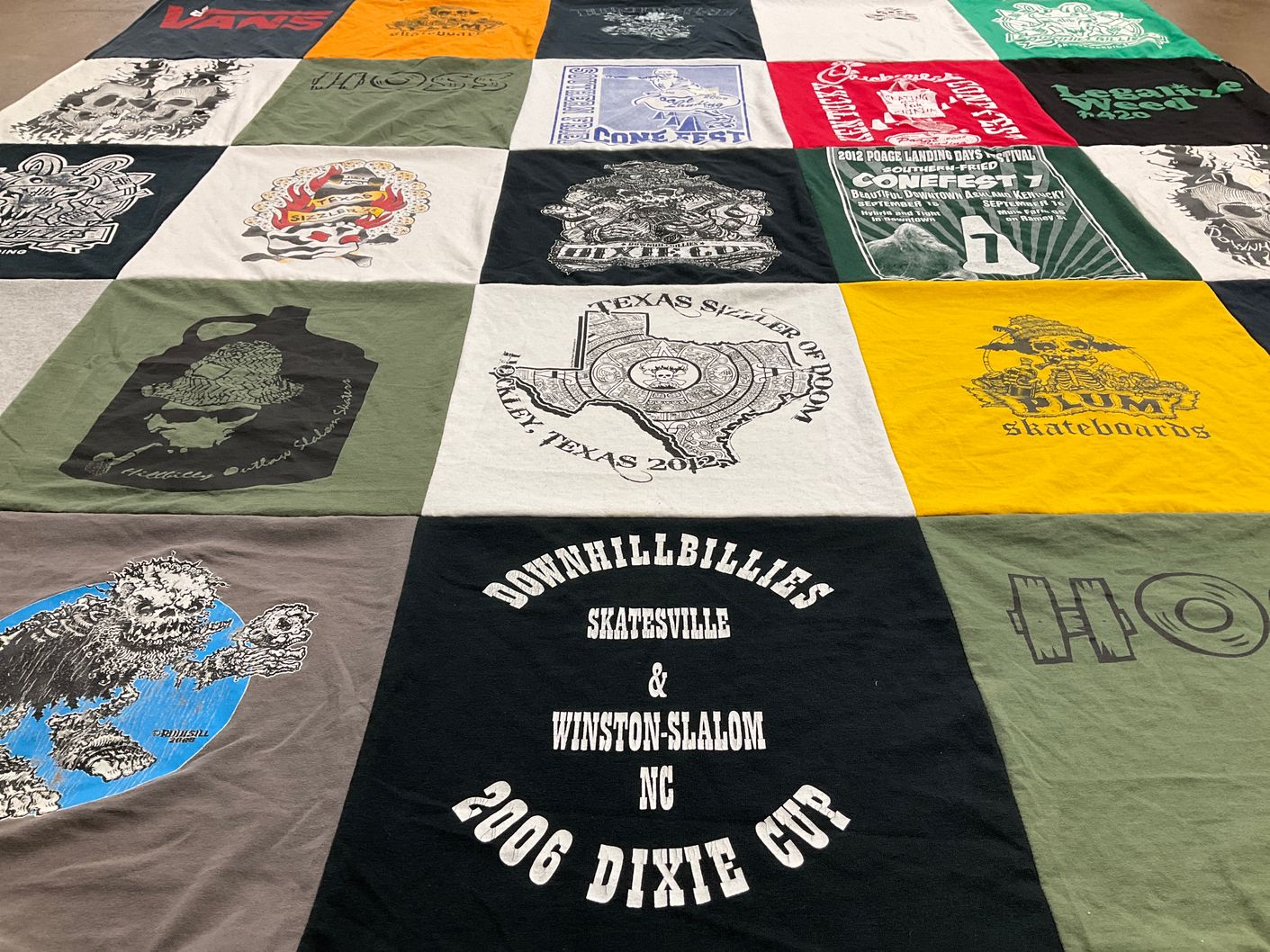 T-shirt quilt with skateboarding, festivals themes by Jennifer from NC
