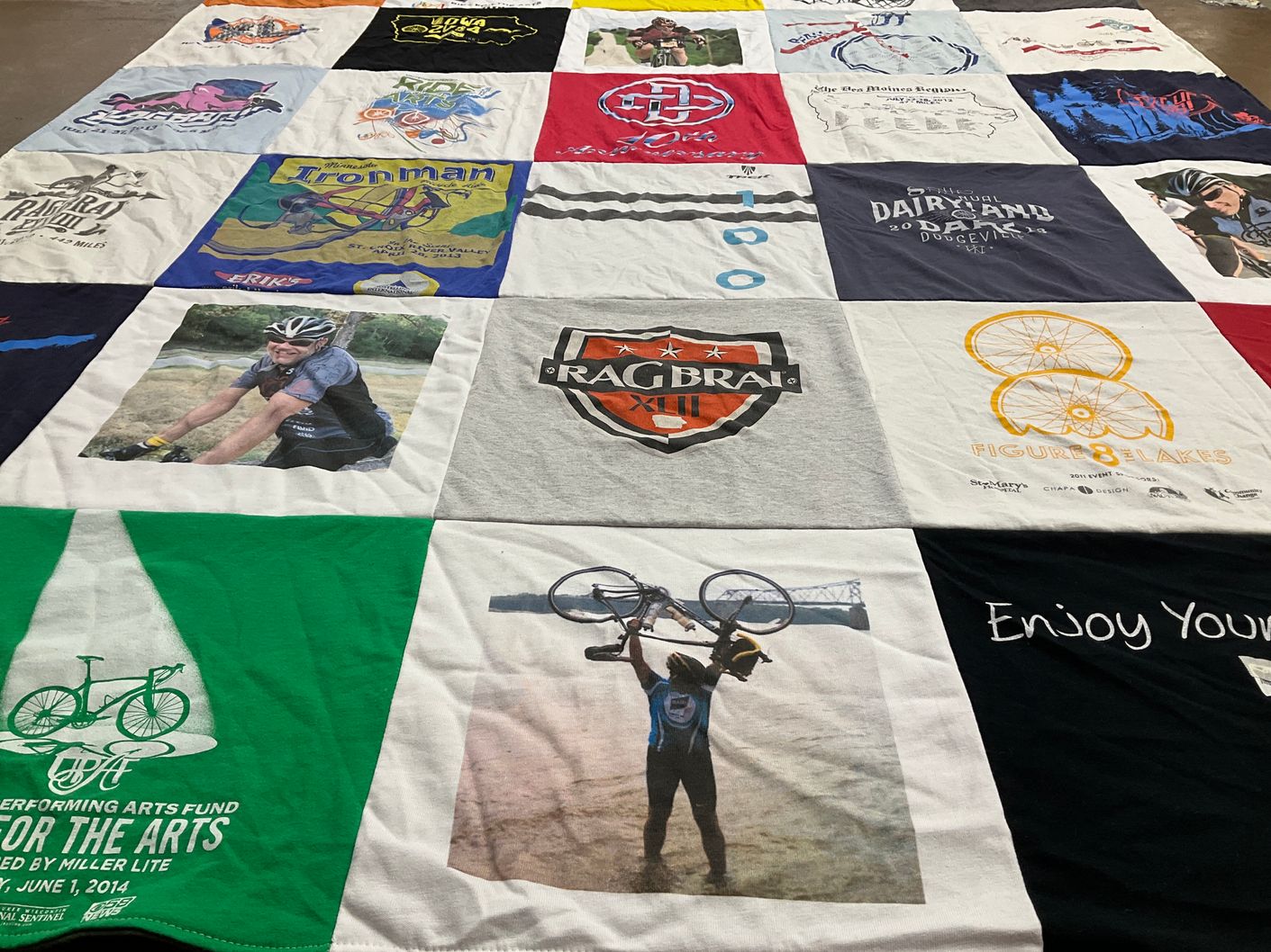 T-shirt quilt with cycling, biking themes by Robert from NY