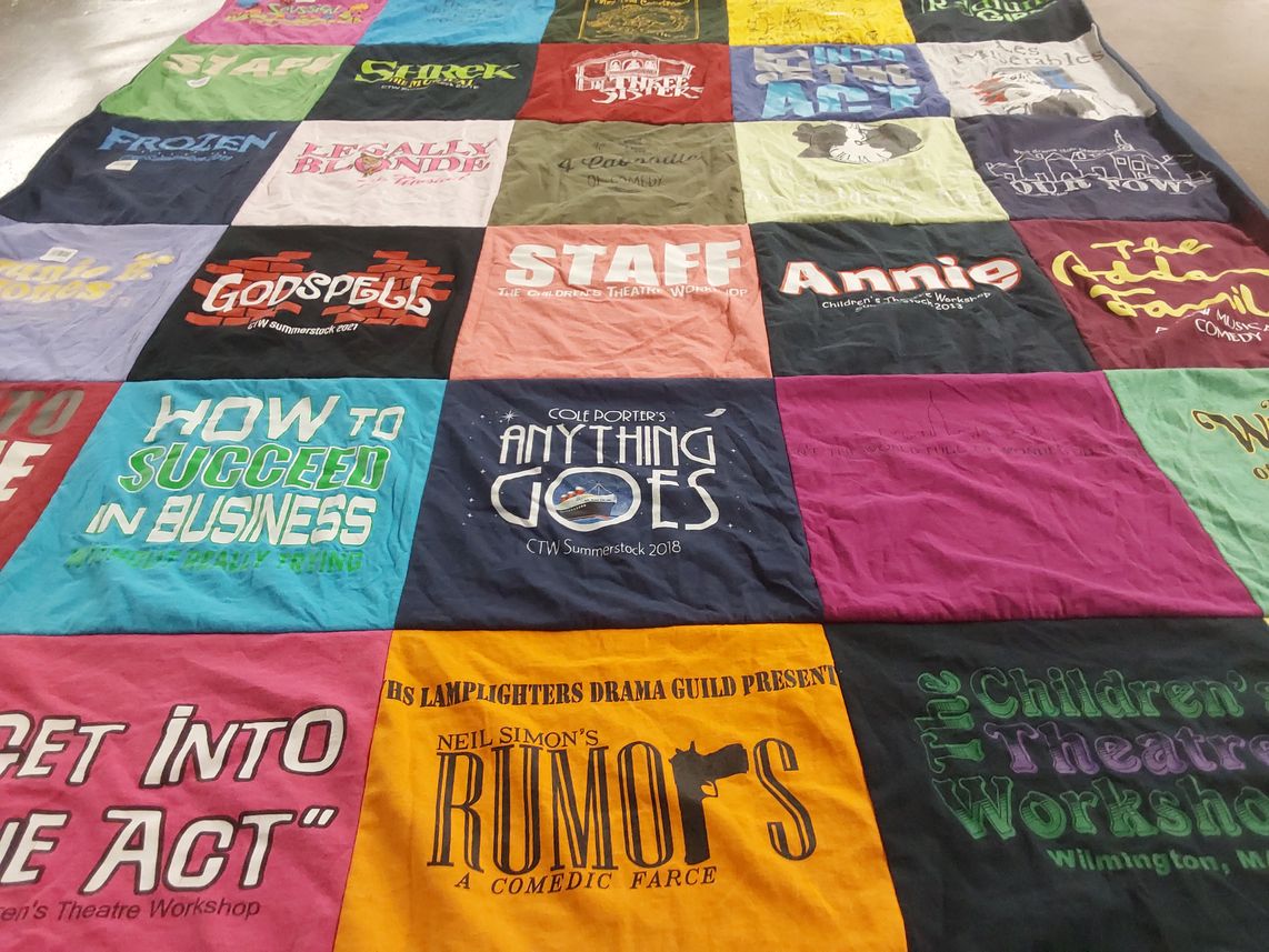 T-shirt quilt with theater, musicals themes by Julia from MA