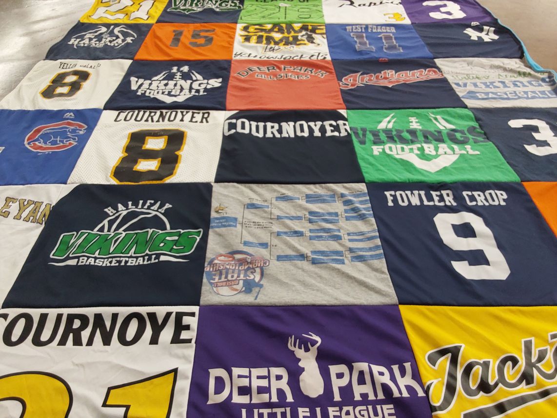 T-shirt quilt featuring halifax vikings basketball, deer park little league by Kristy from NC