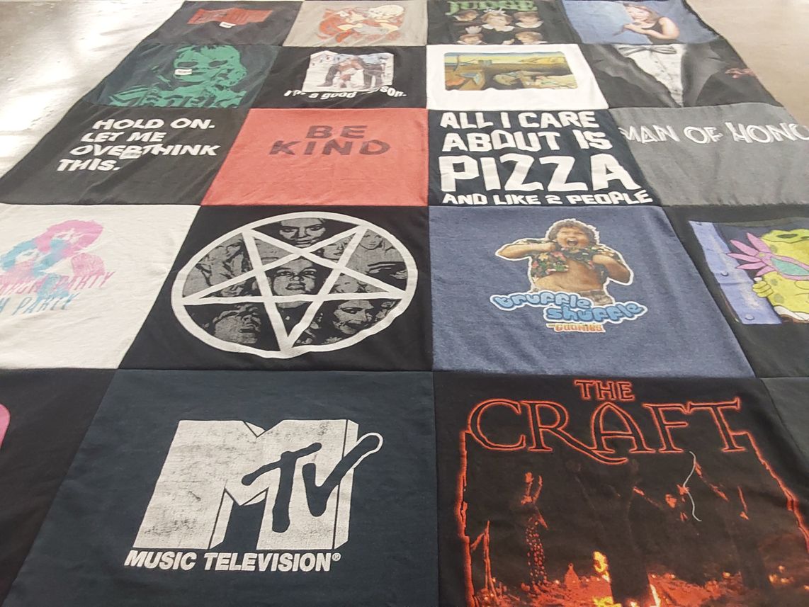 T-shirt quilt with movies, music themes by Tyler from NY