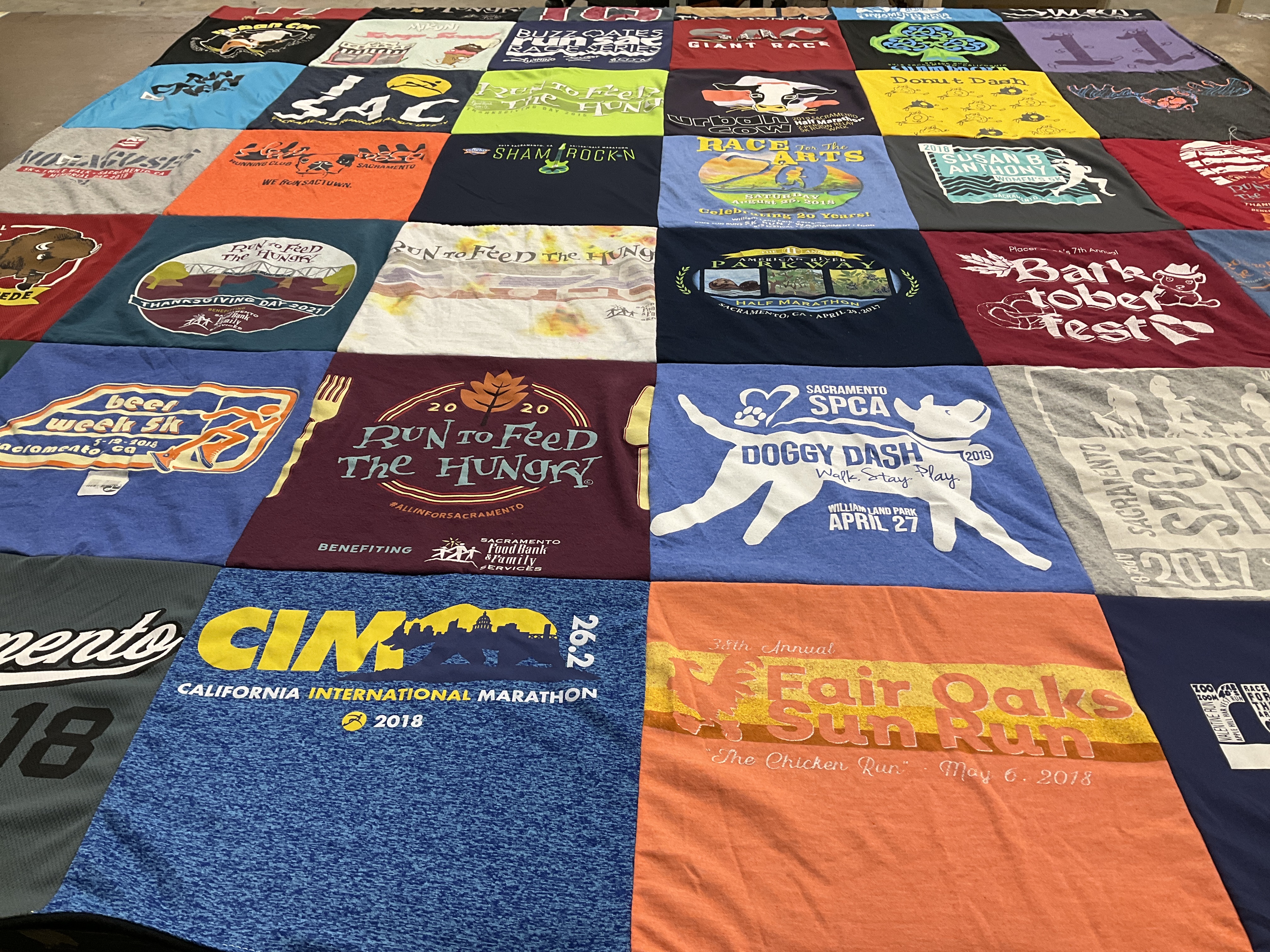 T-shirt quilt with running, animal welfare themes by Amanda from CA
