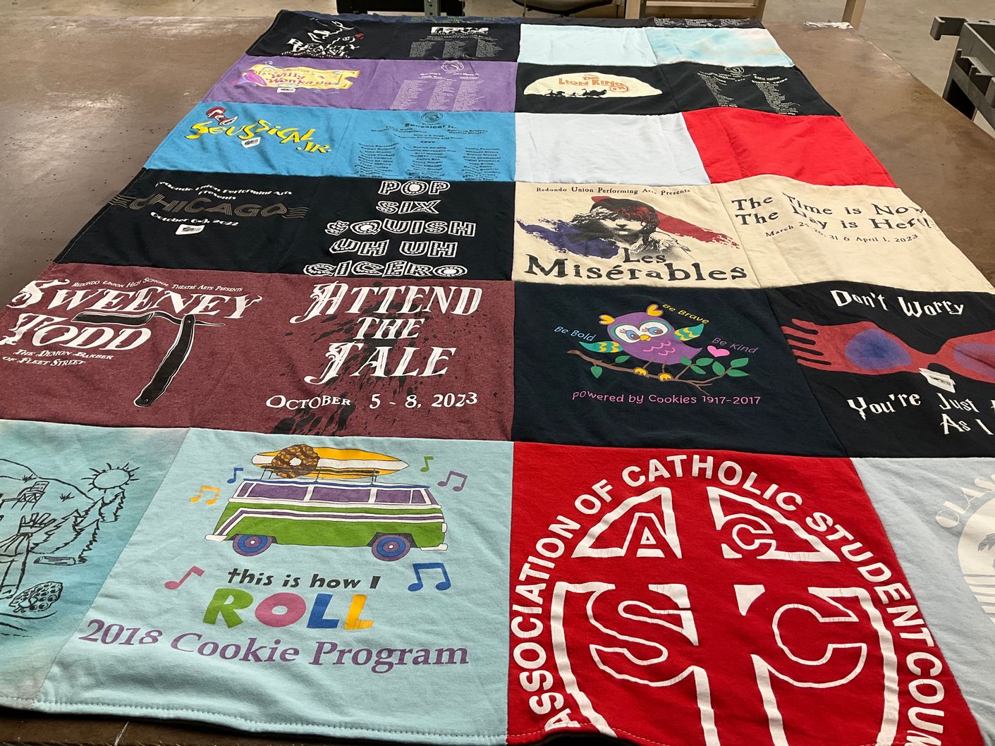 T-shirt quilt with theater, community service themes by Monika from CA