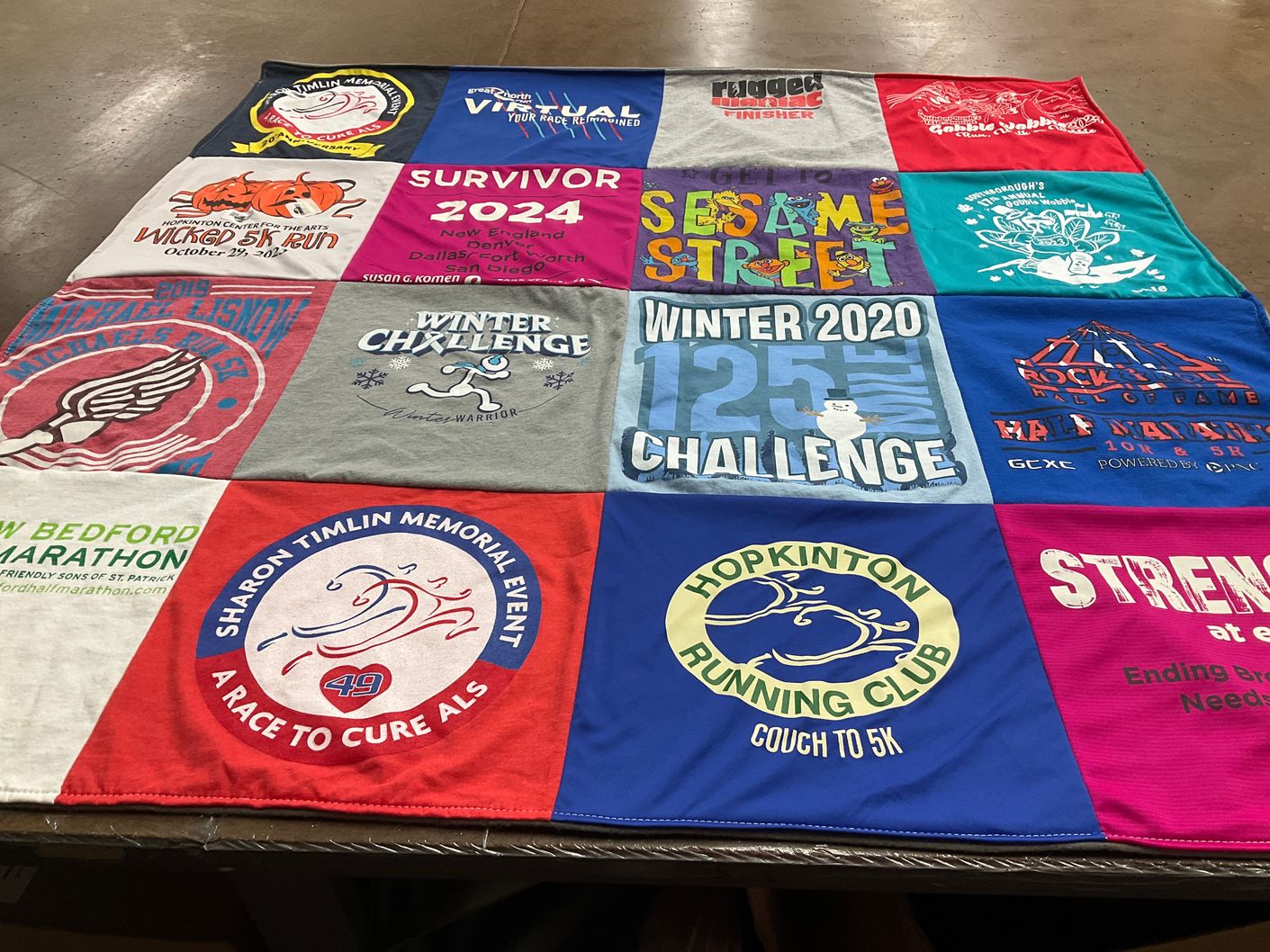 T-shirt quilt with running, marathons themes by Angela from MA